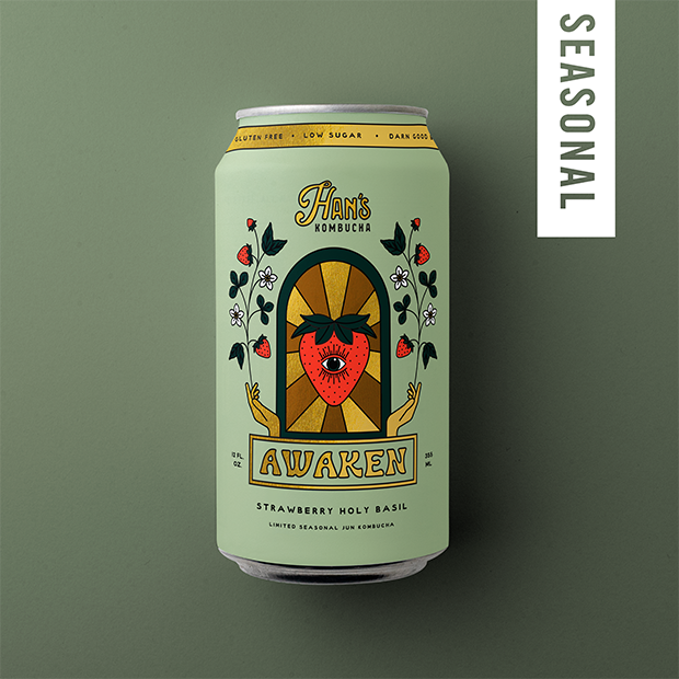 Awaken Strawberry Holy Basil Kombucha Label Front